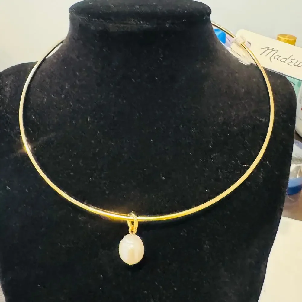 Madewell Crystal Tear Drop Pearl Wire Choker Necklace Antique Gold NWT - Picture 4 of 10